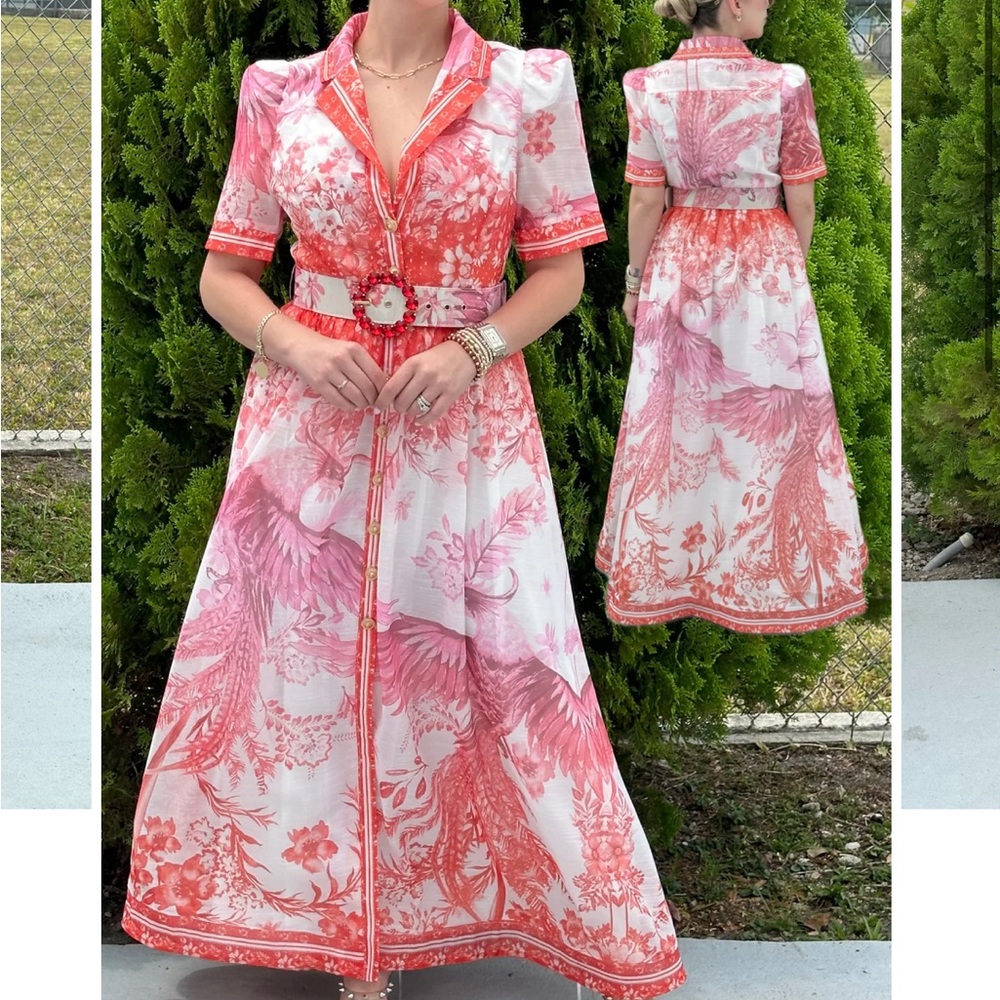 L'ATISTE Pink and White Floral Midi Dress